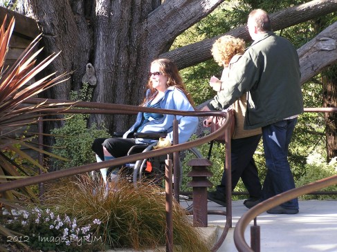 Three people, one in wheelchair, moving along outdoor walkway at Nepenthe Restaurant, Big Sur.