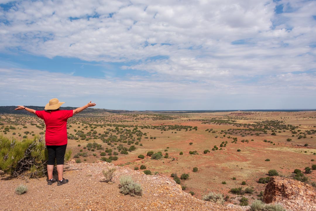 Woman, wearing red shirt and straw hat, standing with outstretched arms and facing Arizona desert vista.
