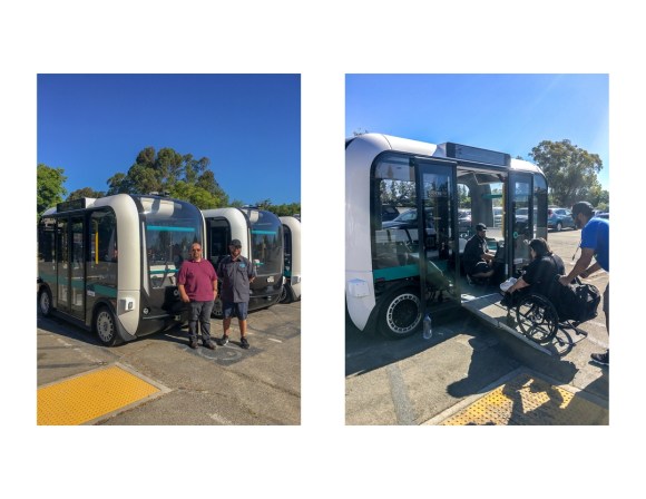 Two photos, the one on the left showing two men standing outside of electric shuttle vehicles known as Olli, and the photo on the right showing an attendant pushing a woman in a wheelchair up a ramp and into the Olli.