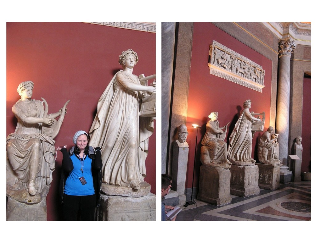 Two side-by-side images; on the left is a young smiling woman standing between two marble statues of women playing musical instruments. On the left is a view of those two statues, plus one more, taken from a few feet away. Both photos taken at the Vatican Museum.