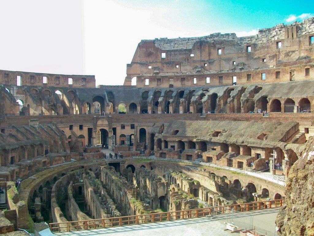 View of the interior walls and labyrinth-like floors of the Roman Colosseum.