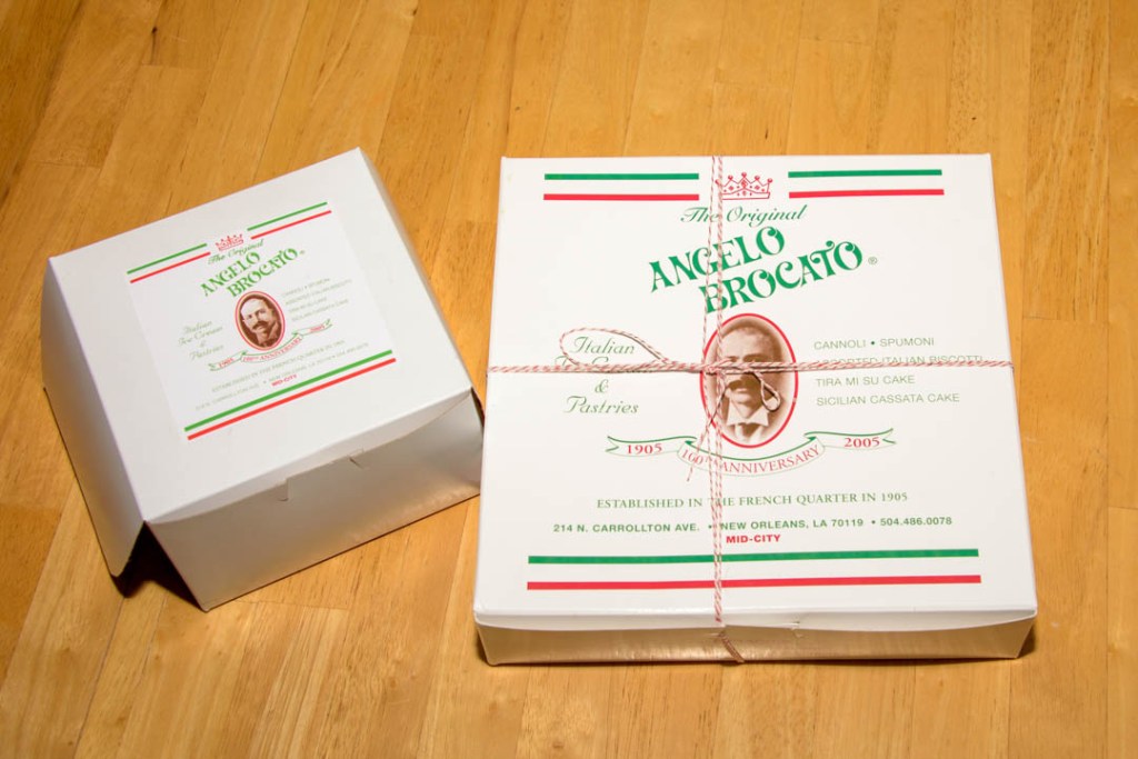 Image of two bakery boxes, tied in string, from Angelo Brocato in New Orleans.