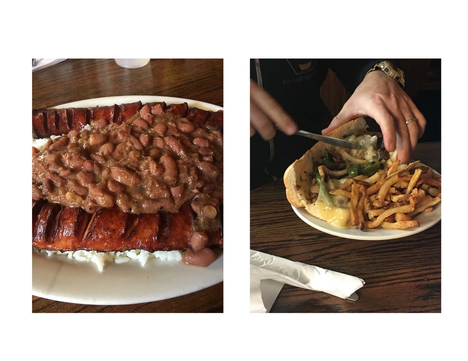 Two-photo collage of red beans and rice with smoked sausage, and a steak po boy, taken at Coop's Place in New Orleans.