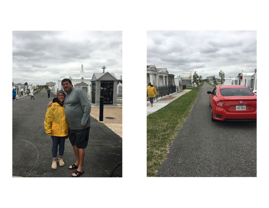 Collage of two photos, including woman and man standing on roadway in cemetery, and red car driving along roadway in cemetery. Both taken at St. Louis Cemetery #3 in New Orleans