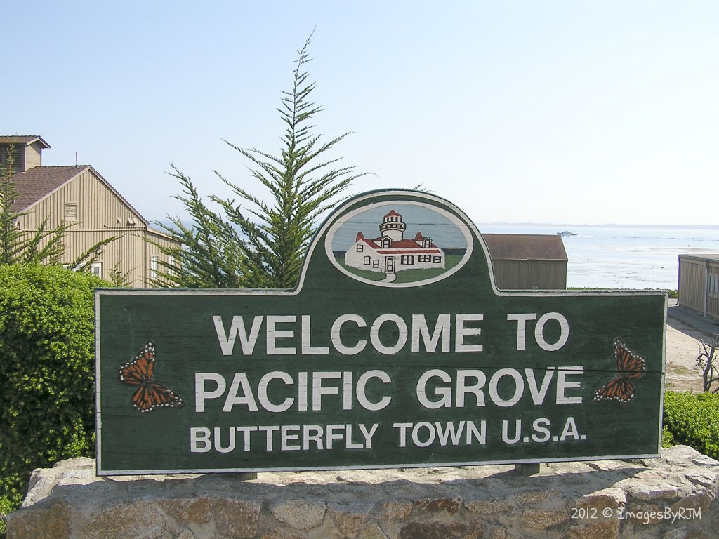 "Welcome to Pacific Grove Butterfly Town U.S.A." sign along Monterey Bay Coastal Trail.